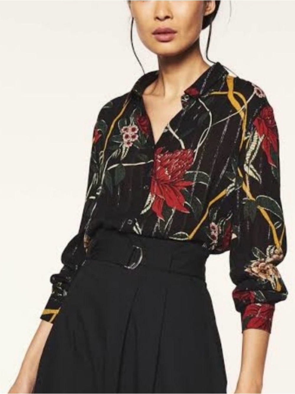 ba&sh Petunia Metallic Dark Floral Button Down Long Sleeve Shirt Sz XS Quiet Lux